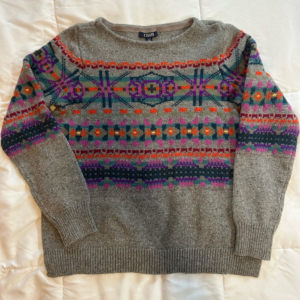 Chaps Gray Sweater with Orange and Blue Accents